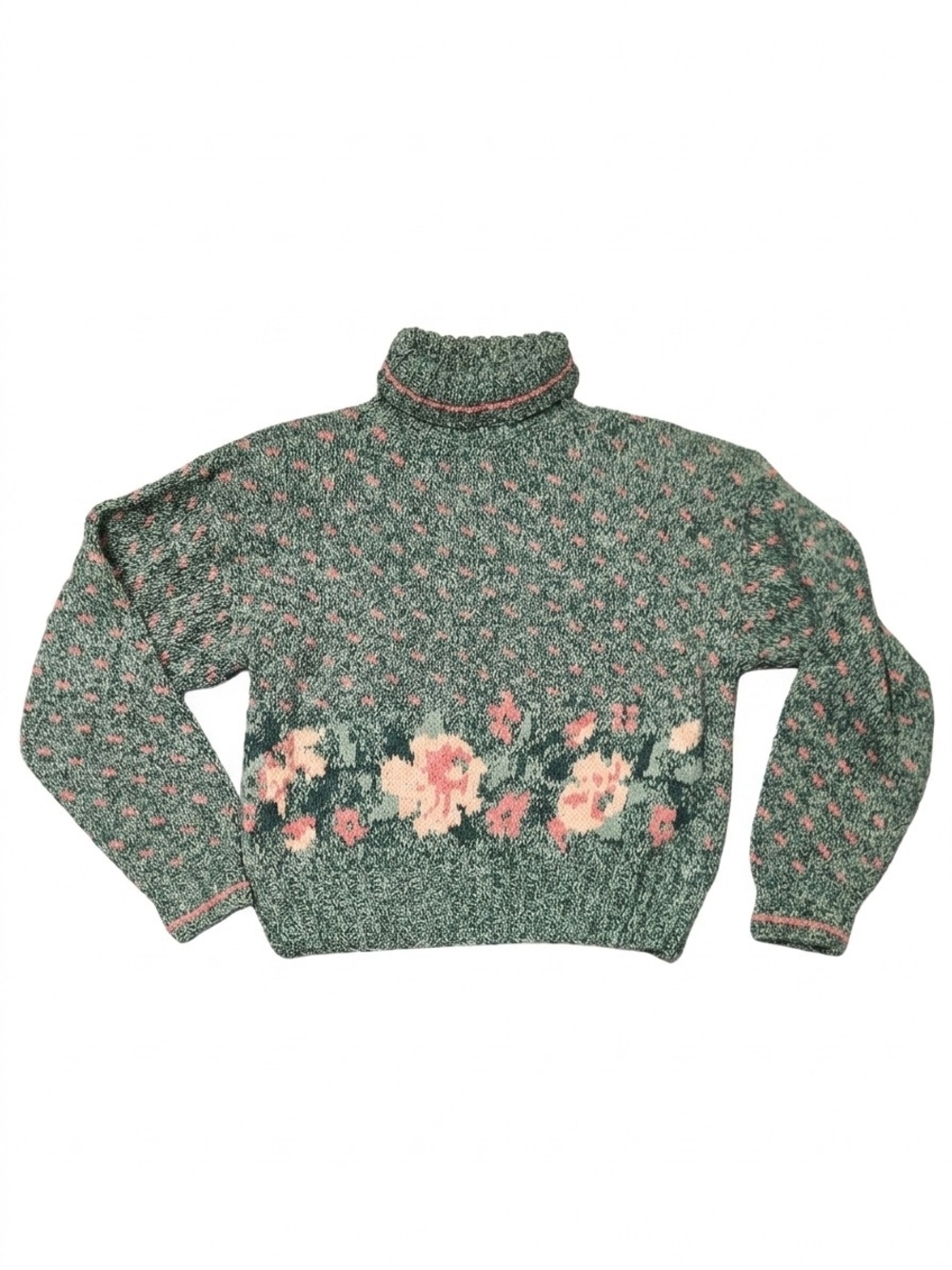 Vintage 90s Paris Sport Club Ramie Cotton Mint Pink Floral Turtleneck Sweater S